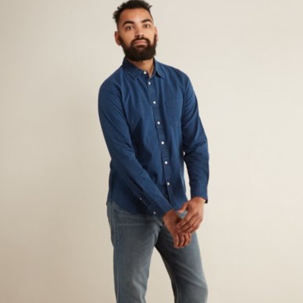 Corridor New York White Pindot Men's Casual Button-Up Shirt Washed Indigo Blue - Picture 2 of 9